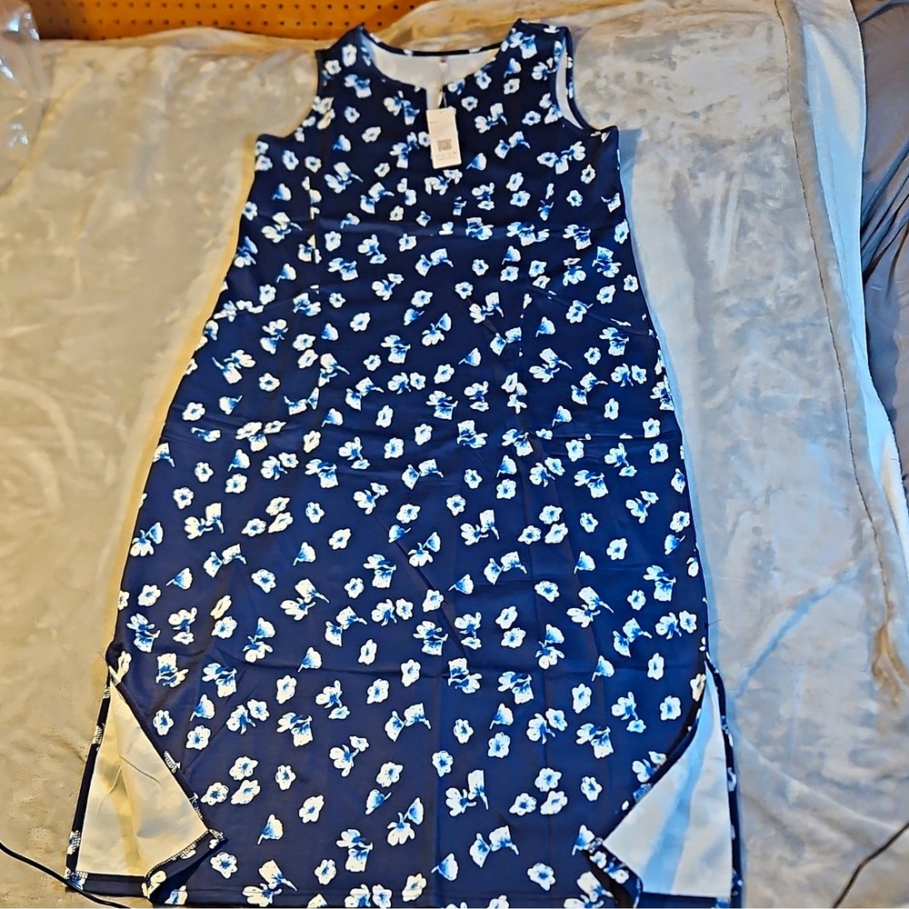 WNEEDU Women's Sleeveless V-Neck Shift Dress Floral Blue/White Size M